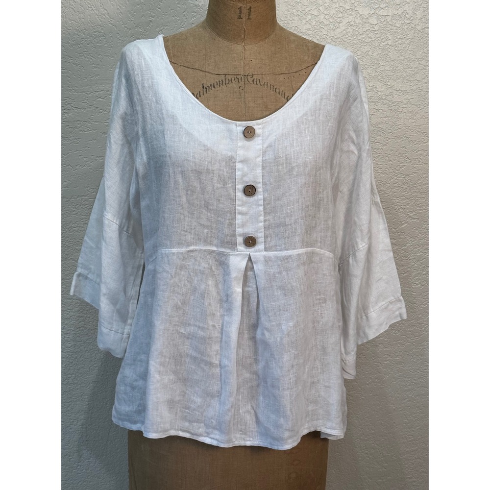 Laura Bianchi White 100% Linen Blouse Made in Italy Womens Medium 3/4 Sleeve